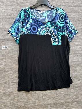 Egy Black & Aqua Medallion Chest-Pocket Short Sleeve Top Womens Size XL